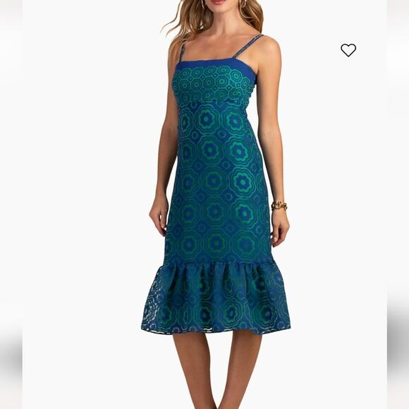 Trina Turk NWT Aziza Midi Dress Majorelle Blue Green Printed Ruffle Empire 8 - Picture 3 of 14